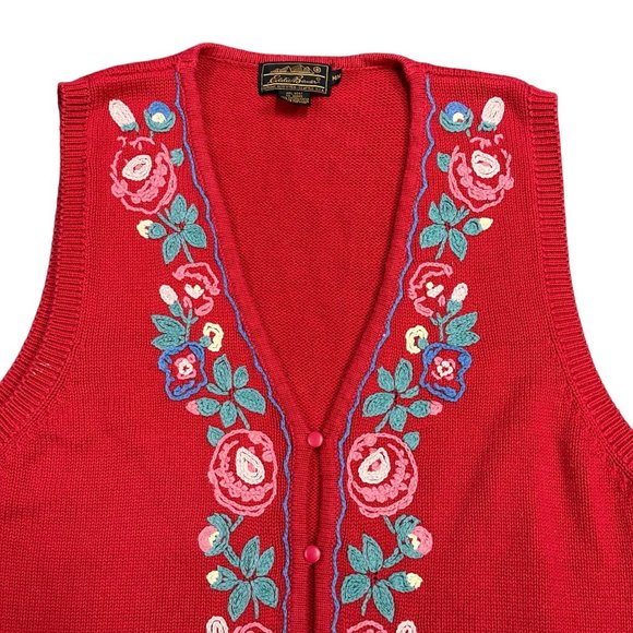 Vintage Eddie Bauer Womens M Red Sweater Button Vest Embroidered Cottagecore y2k - Picture 2 of 15